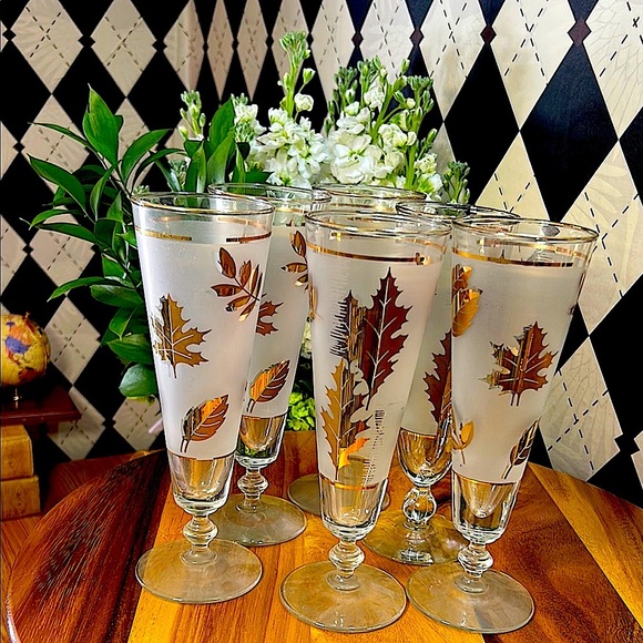 Vintage Libbey 22k Gold Foliage Pilsner Glasses (Set of 6) |Barware Mid Century - Picture 13 of 17